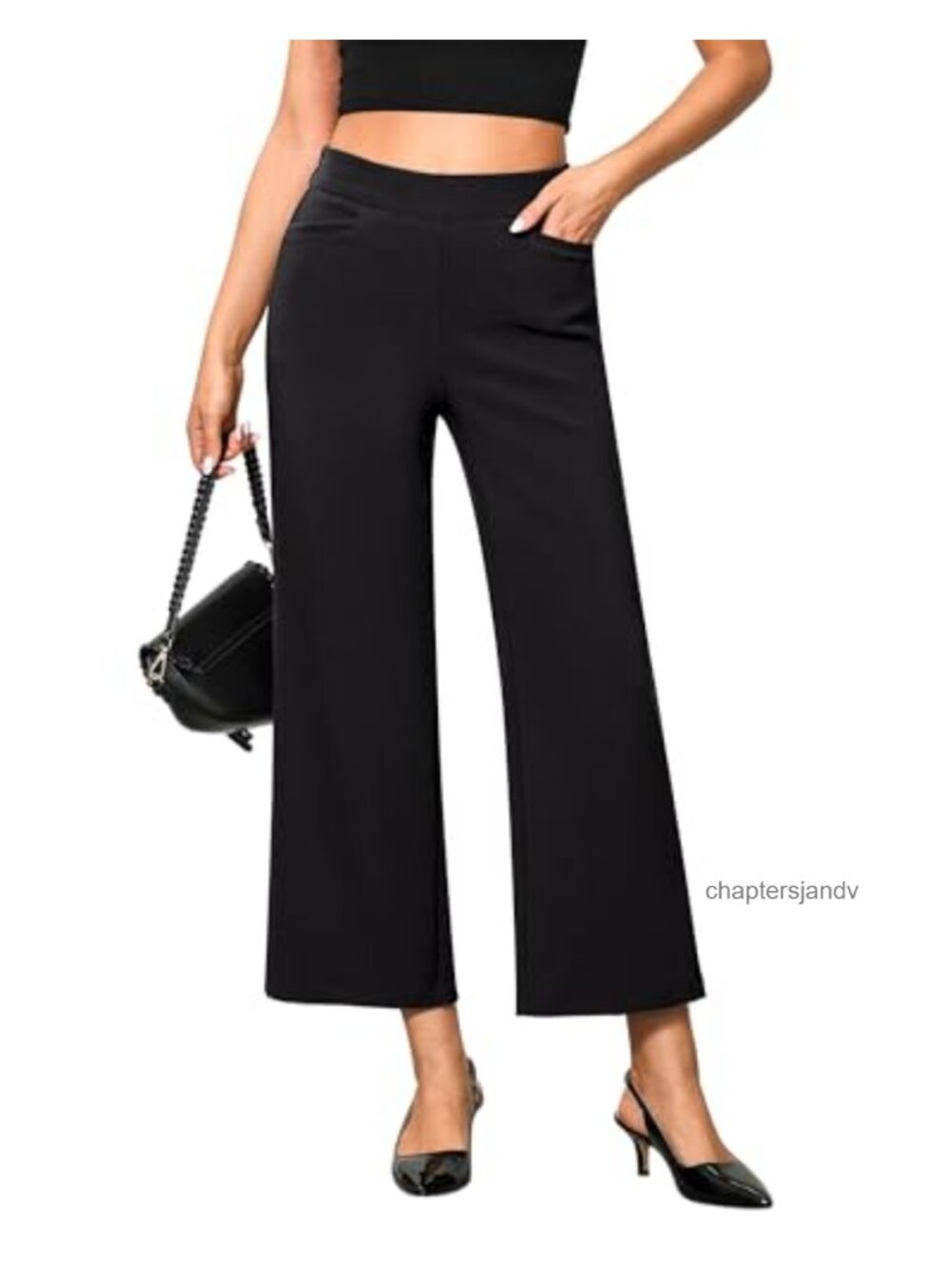Cropped Wide Leg Dress Pants High Waisted Pull On Business Casual Stretch